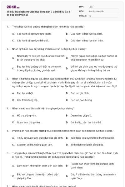 15 câu Trắc nghiệm Giáo dục công dân 7 Cánh diều Bài 8 có đáp án (Phần 2)