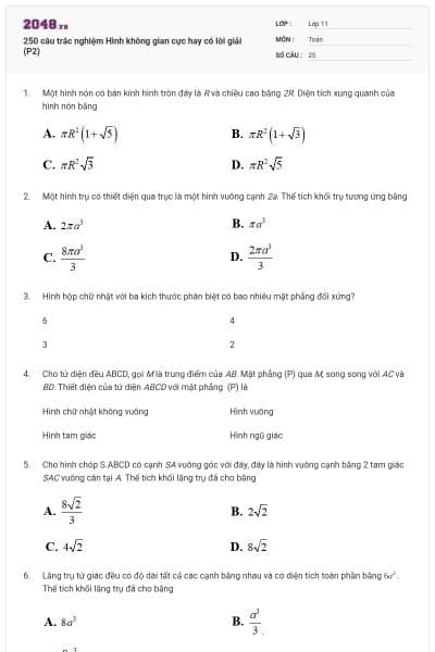 250 câu trắc nghiệm Hình không gian cực hay có lời giải (P2)