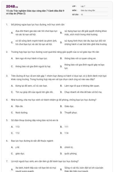 15 câu Trắc nghiệm Giáo dục công dân 7 Cánh diều Bài 9 có đáp án (Phần 2)