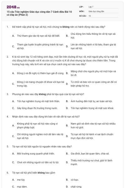 15 câu Trắc nghiệm Giáo dục công dân 7 Cánh diều Bài 10 có đáp án (Phần 2)