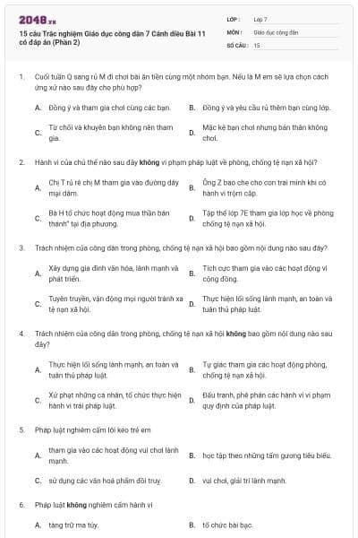 15 câu Trắc nghiệm Giáo dục công dân 7 Cánh diều Bài 11 có đáp án (Phần 2)