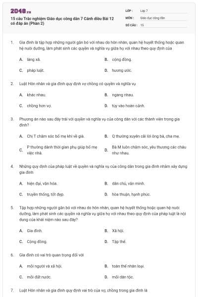 15 câu Trắc nghiệm Giáo dục công dân 7 Cánh diều Bài 12 có đáp án (Phần 2)