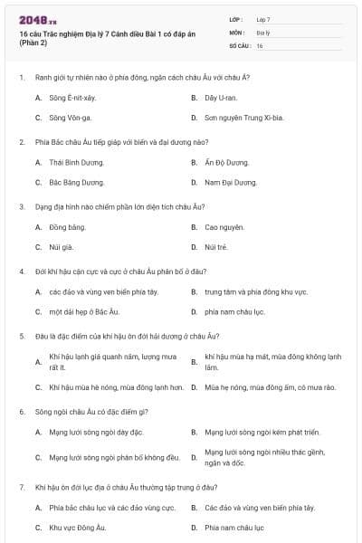16 câu Trắc nghiệm Địa lý 7 Cánh diều Bài 1 có đáp án (Phần 2)
