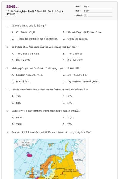 15 câu Trắc nghiệm Địa lý 7 Cánh diều Bài 2 có đáp án (Phần 2)