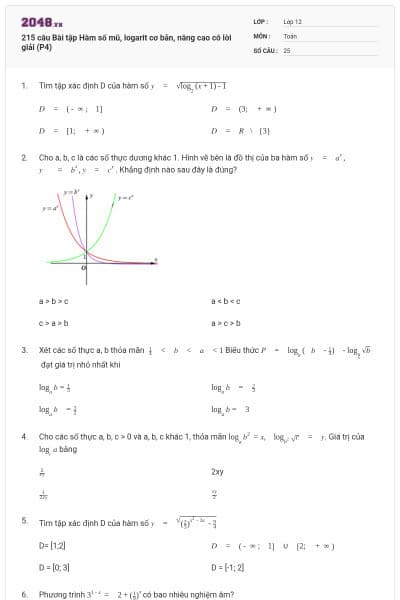 215 câu Bài tập Hàm số mũ, logarit cơ bản, nâng cao có lời giải (P4)