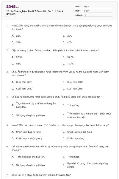 15 câu Trắc nghiệm Địa lý 7 Cánh diều Bài 3 có đáp án (Phần 2)