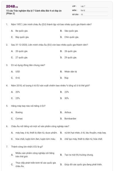 15 câu Trắc nghiệm Địa lý 7 Cánh diều Bài 4 có đáp án (Phần 2)