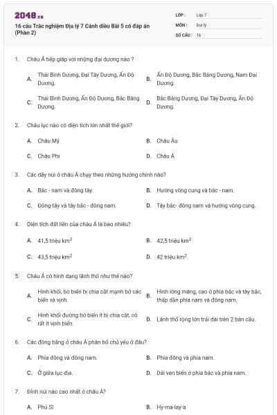 16 câu Trắc nghiệm Địa lý 7 Cánh diều Bài 5 có đáp án (Phần 2)