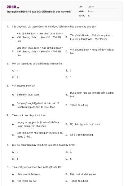Trắc nghiệm Bài 6 (có đáp án): Giải bài toán trên máy tính