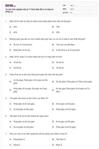 16 câu Trắc nghiệm Địa lý 7 Cánh diều Bài 6 có đáp án (Phần 2)