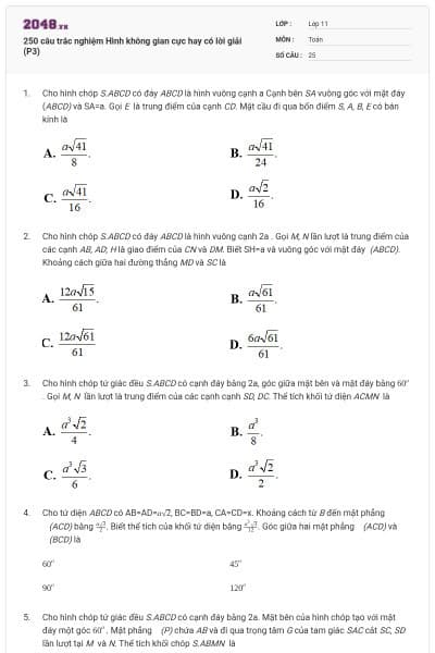 250 câu trắc nghiệm Hình không gian cực hay có lời giải (P3)