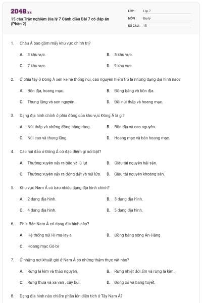 15 câu Trắc nghiệm Địa lý 7 Cánh diều Bài 7 có đáp án (Phần 2)