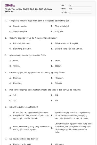 15 câu Trắc nghiệm Địa lý 7 Cánh diều Bài 9 có đáp án (Phần 2)