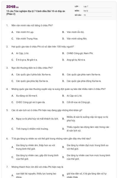 15 câu Trắc nghiệm Địa lý 7 Cánh diều Bài 10 có đáp án (Phần 2)