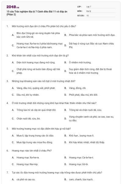 15 câu Trắc nghiệm Địa lý 7 Cánh diều Bài 11 có đáp án (Phần 2)
