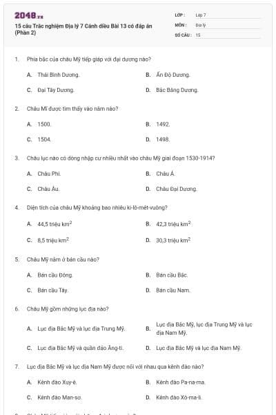 15 câu Trắc nghiệm Địa lý 7 Cánh diều Bài 13 có đáp án (Phần 2)