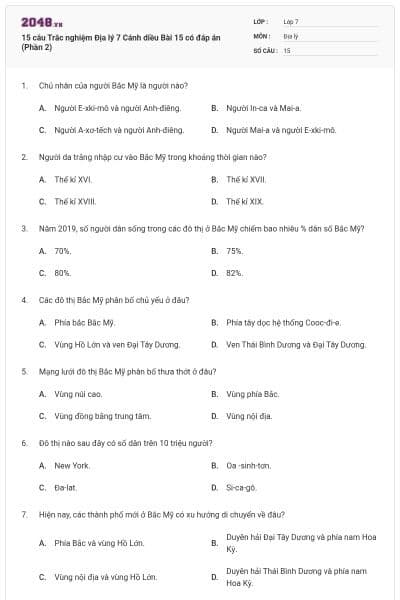 15 câu Trắc nghiệm Địa lý 7 Cánh diều Bài 15 có đáp án (Phần 2)