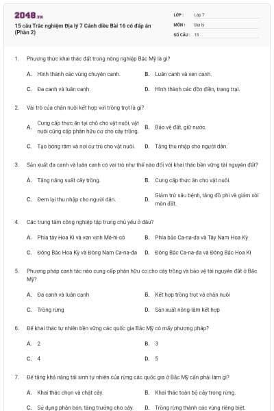 15 câu Trắc nghiệm Địa lý 7 Cánh diều Bài 16 có đáp án (Phần 2)