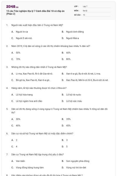 15 câu Trắc nghiệm Địa lý 7 Cánh diều Bài 18 có đáp án (Phần 2)