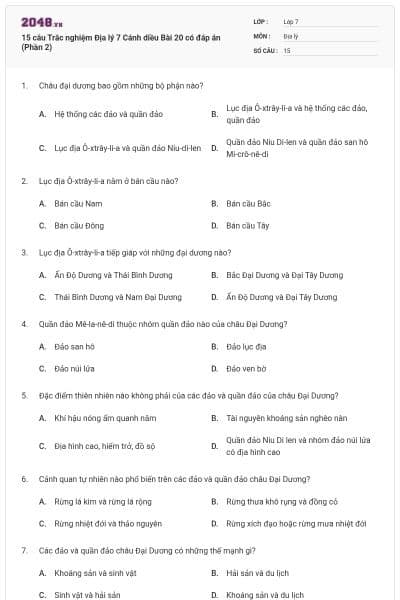 15 câu Trắc nghiệm Địa lý 7 Cánh diều Bài 20 có đáp án (Phần 2)