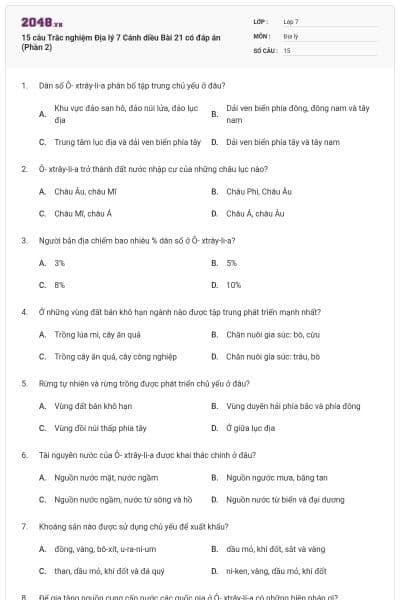 15 câu Trắc nghiệm Địa lý 7 Cánh diều Bài 21 có đáp án (Phần 2)