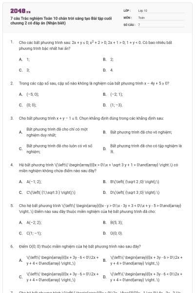7 câu Trắc nghiệm Toán 10 chân trời sáng tạo Bài tập cuối chương 2 có đáp án (Nhận biết)