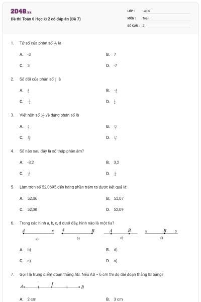 Đề thi Toán 6 Học kì 2 có đáp án (Đề 7)