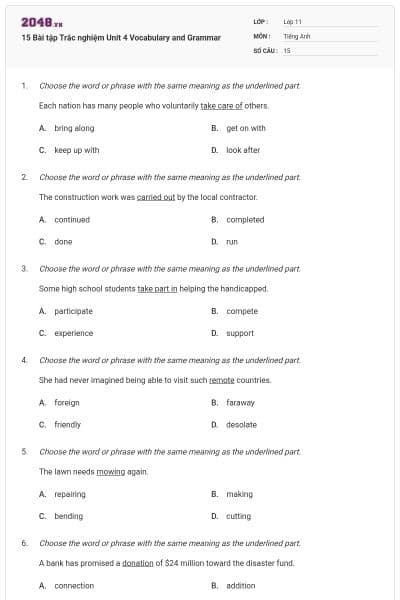 15 Bài tập Trắc nghiệm Unit 4 Vocabulary and Grammar