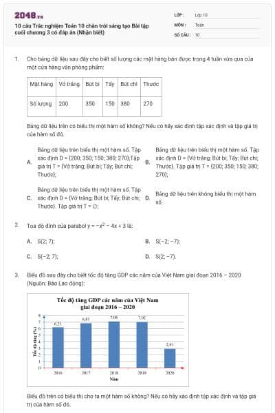 10 câu Trắc nghiệm Toán 10 chân trời sáng tạo Bài tập cuối chương 3 có đáp án (Nhận biết)
