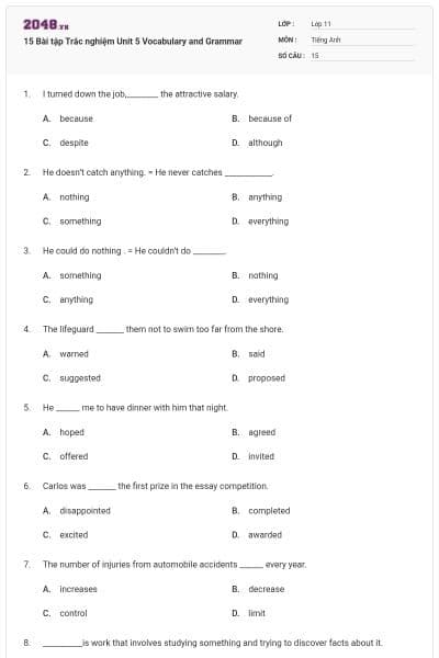 15 Bài tập Trắc nghiệm Unit 5 Vocabulary and Grammar