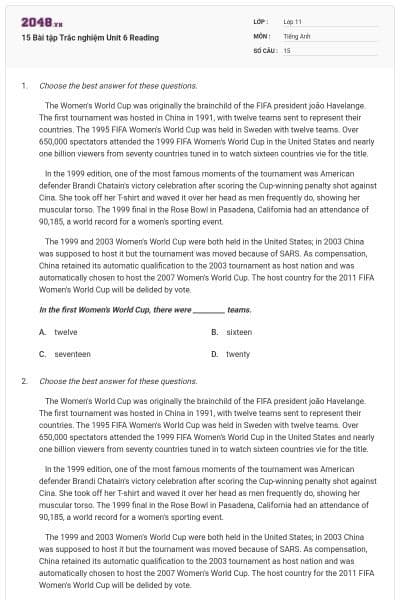 15 Bài tập Trắc nghiệm Unit 6 Reading