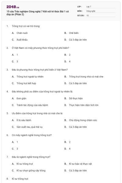 15 câu Trắc nghiệm Công nghệ 7 Kết nối tri thức Bài 1 có đáp án (Phần 2)