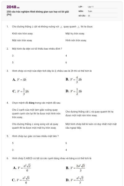 250 câu trắc nghiệm Hình không gian cực hay có lời giải (P4)