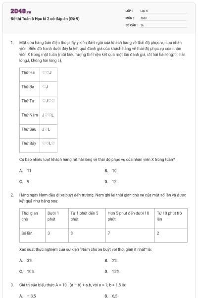 Đề thi Toán 6 Học kì 2 có đáp án (Đề 9)