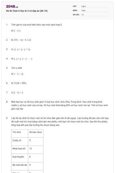 Đề thi Toán 6 Học kì 2 có đáp án (Đề 10)