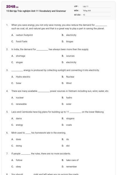 15 Bài tập Trắc nghiệm Unit 11 Vocabulary and Grammar
