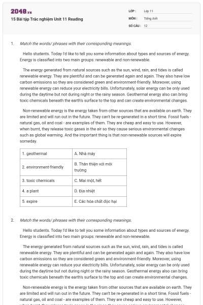 15 Bài tập Trắc nghiệm Unit 11 Reading