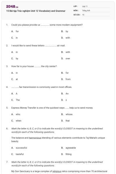 15 Bài tập Trắc nghiệm Unit 12 Vocabulary and Grammar