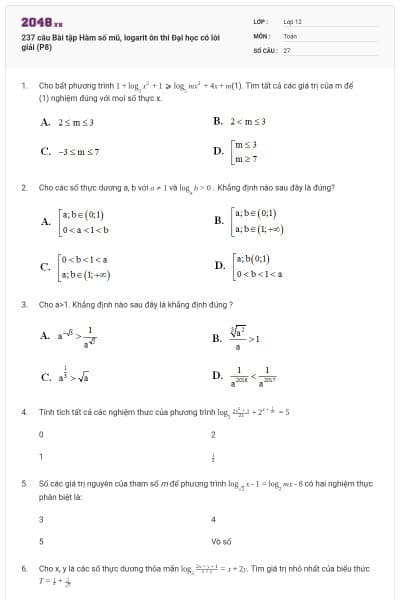 237 câu Bài tập Hàm số mũ, logarit ôn thi Đại học có lời giải (P8)