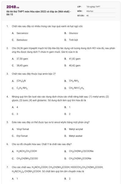 Đề thi thử THPT môn Hóa năm 2022 có đáp án (Mới nhất) - Đề 15