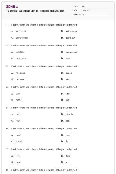 15 Bài tập Trắc nghiệm Unit 15 Phonetics and Speaking