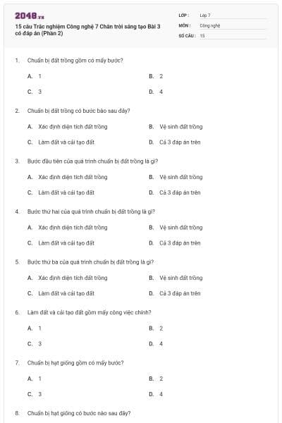 15 câu Trắc nghiệm Công nghệ 7 Chân trời sáng tạo Bài 3 có đáp án (Phần 2)