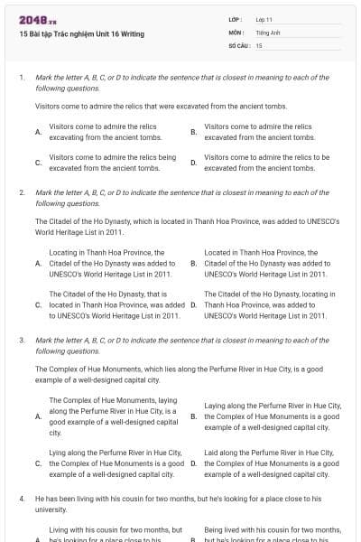 15 Bài tập Trắc nghiệm Unit 16 Writing