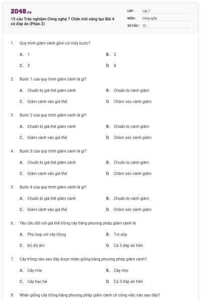 15 câu Trắc nghiệm Công nghệ 7 Chân trời sáng tạo Bài 4 có đáp án (Phần 2)
