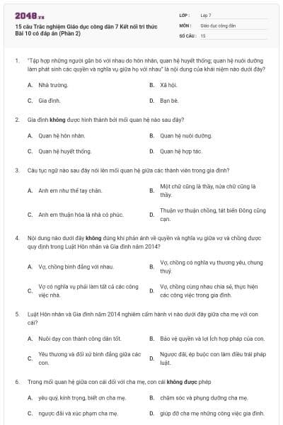 15 câu Trắc nghiệm Giáo dục công dân 7 Kết nối tri thức Bài 10 có đáp án (Phần 2)