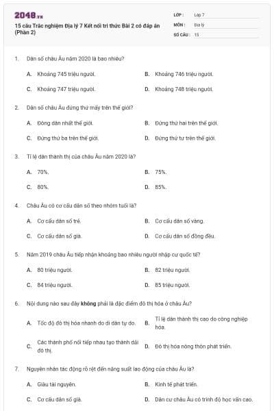 15 câu Trắc nghiệm Địa lý 7 Kết nối tri thức Bài 2 có đáp án (Phần 2)