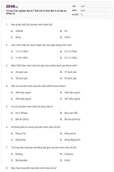15 câu Trắc nghiệm Địa lý 7 Kết nối tri thức Bài 4 có đáp án (Phần 2)