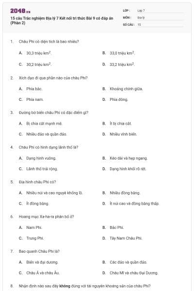 15 câu Trắc nghiệm Địa lý 7 Kết nối tri thức Bài 9 có đáp án (Phần 2)