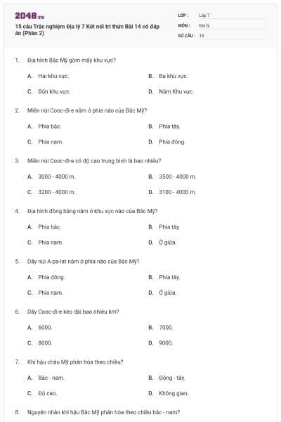15 câu Trắc nghiệm Địa lý 7 Kết nối tri thức Bài 14 có đáp án (Phần 2)