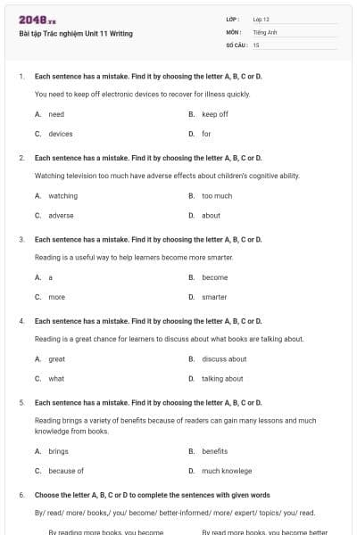 Bài tập Trắc nghiệm Unit 11 Writing